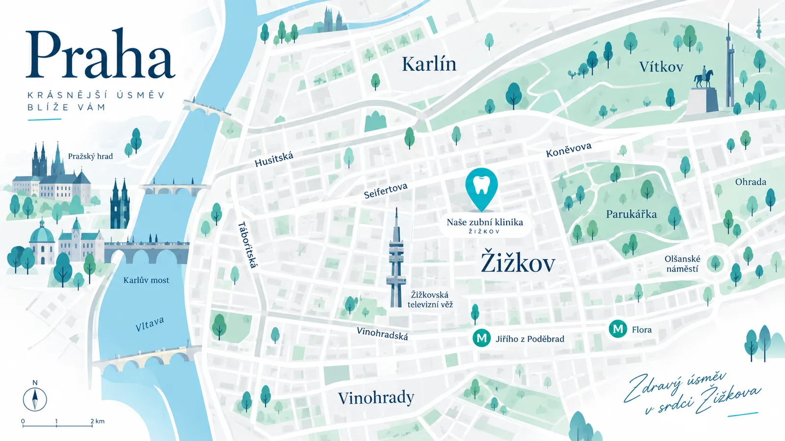 Stylised map of Vinohrady around the clinic