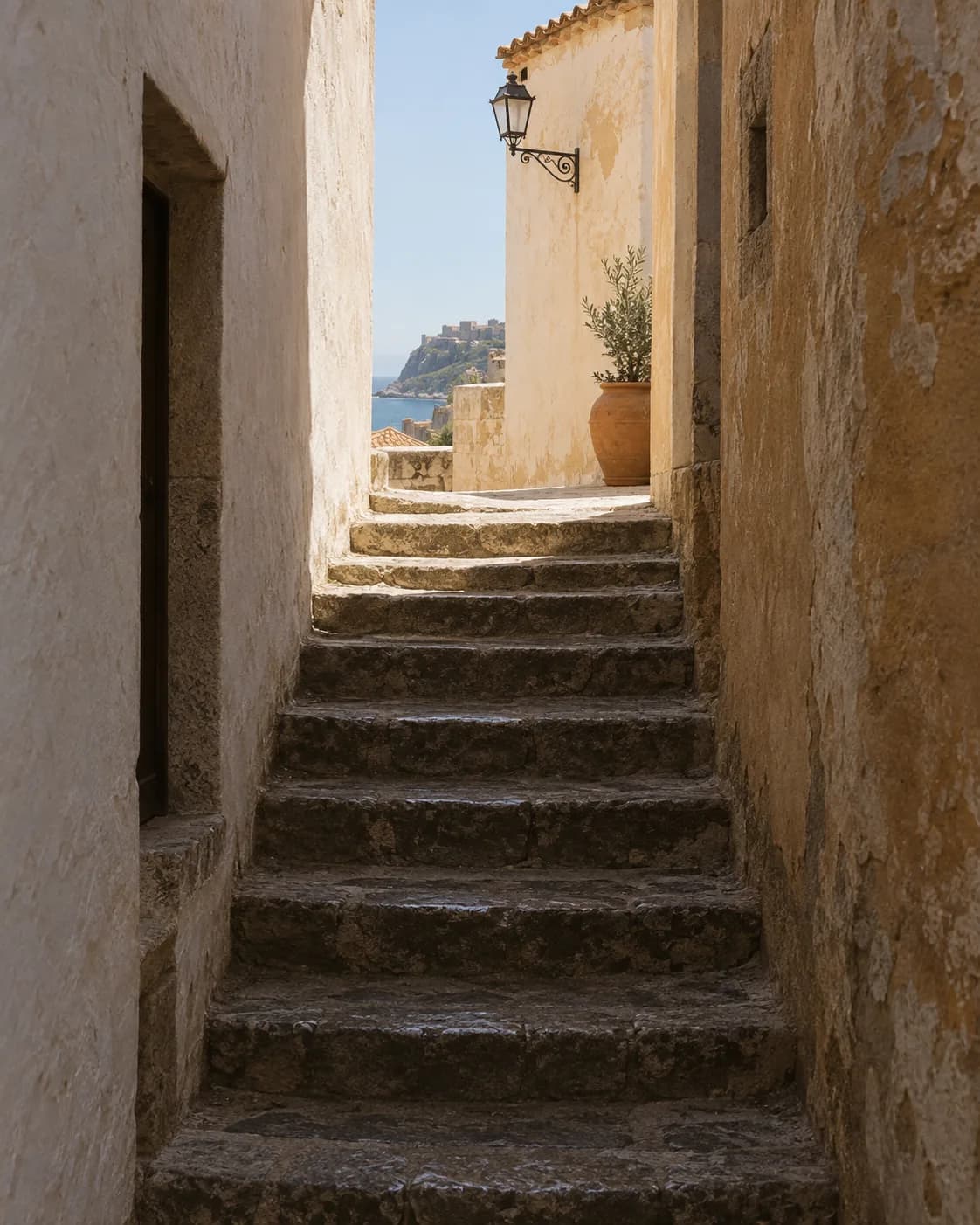 Old town stairs, cool at noon.