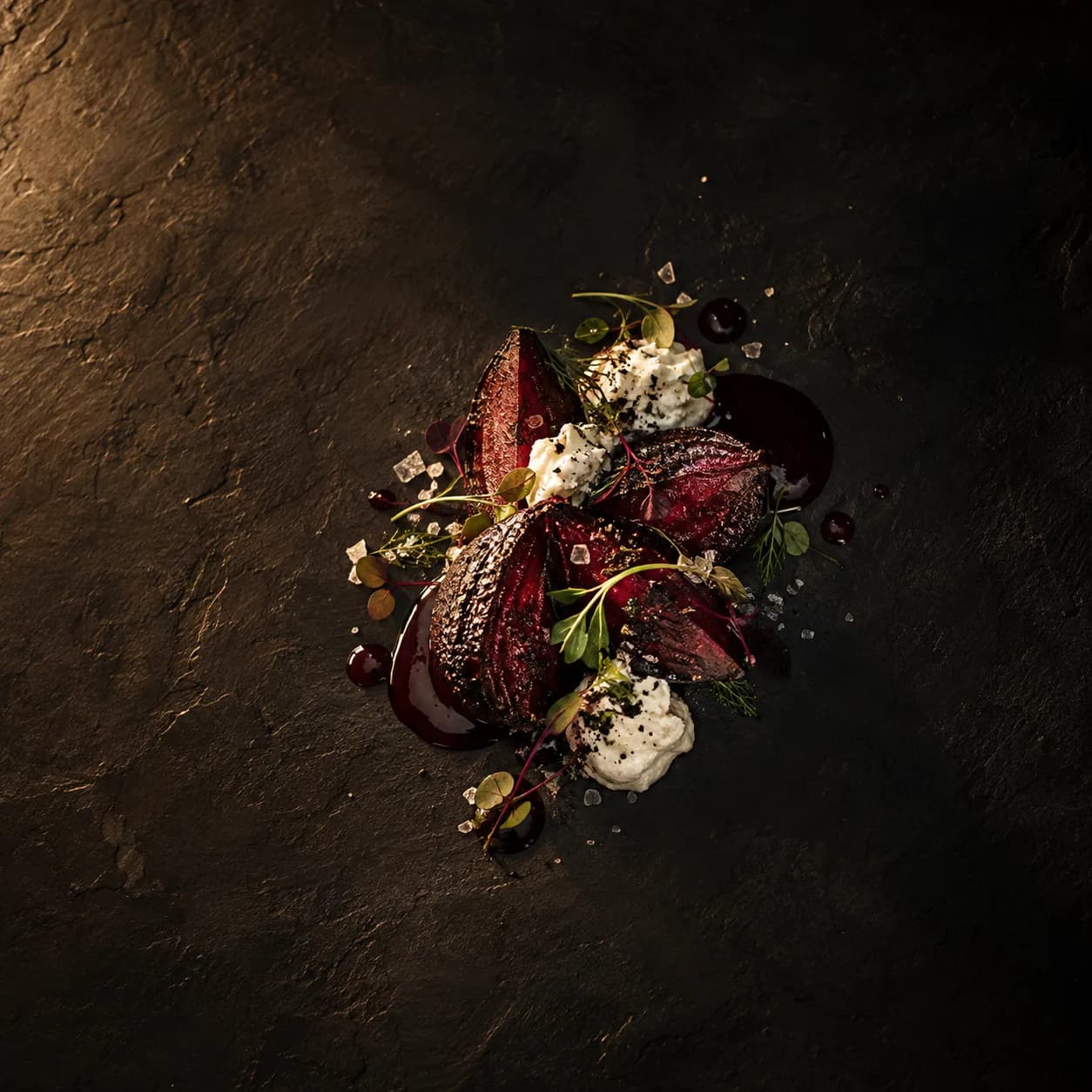 A dish on black slate, seen from above