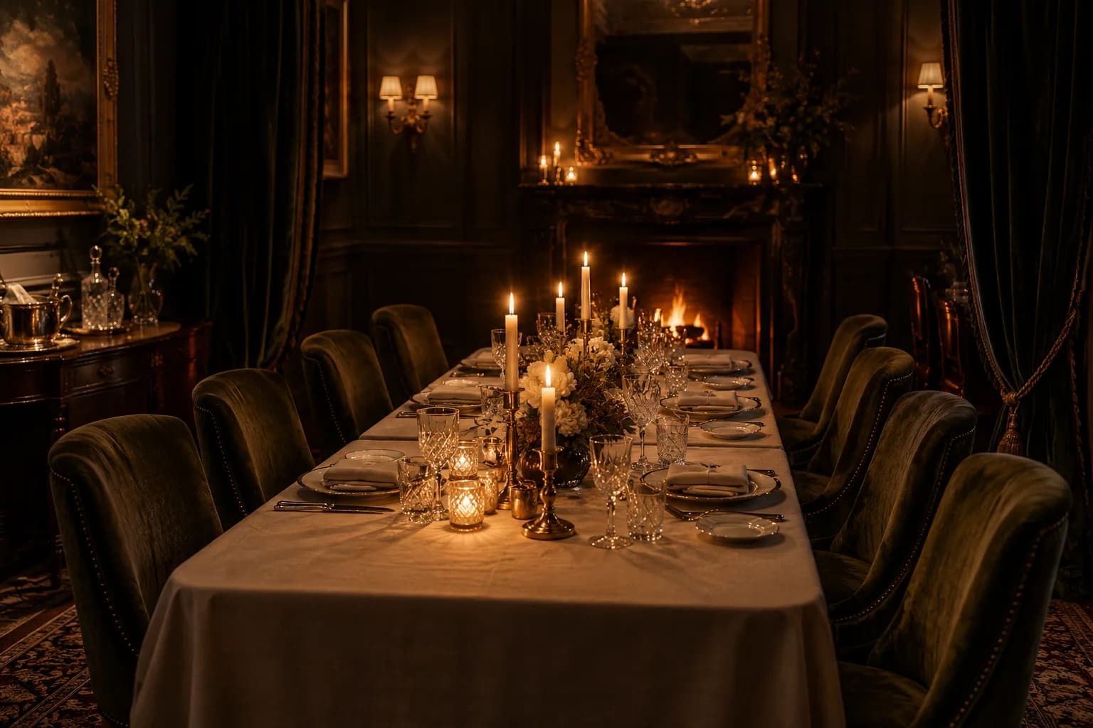The private dining room set for eight